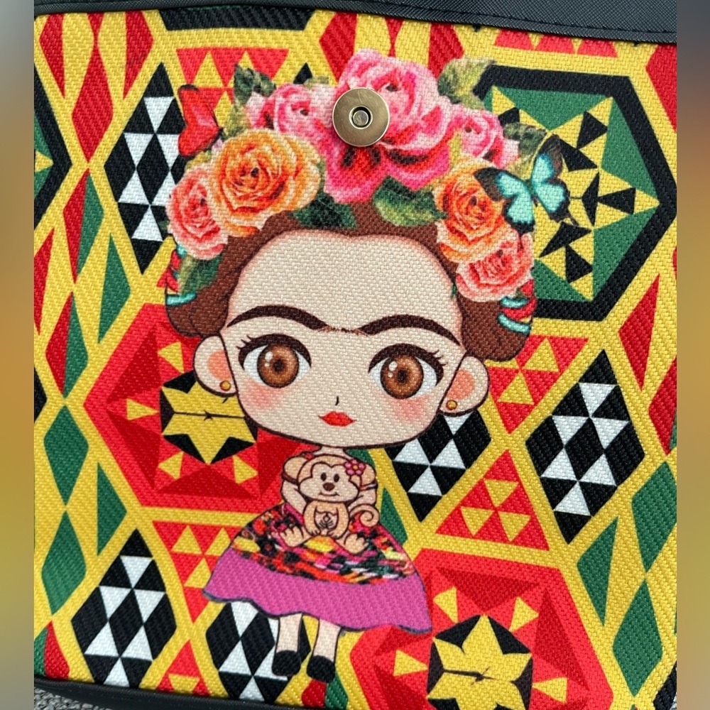 Frida Kahlo Vibrant Black and Red Geometric Backpack Puse - Picture 8 of 16